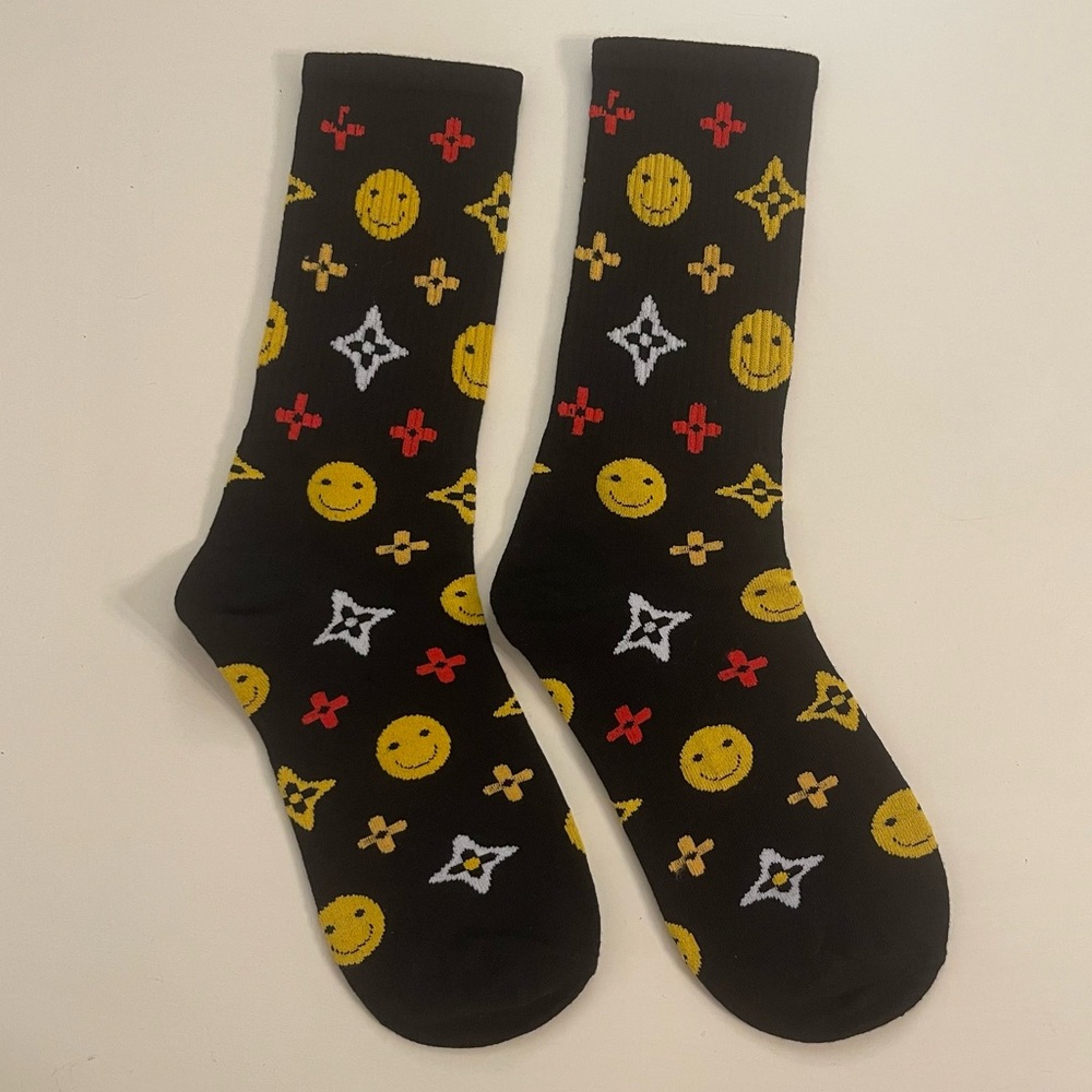 Brand New | Monogram Smiley Face Crew Socks - Black Multi